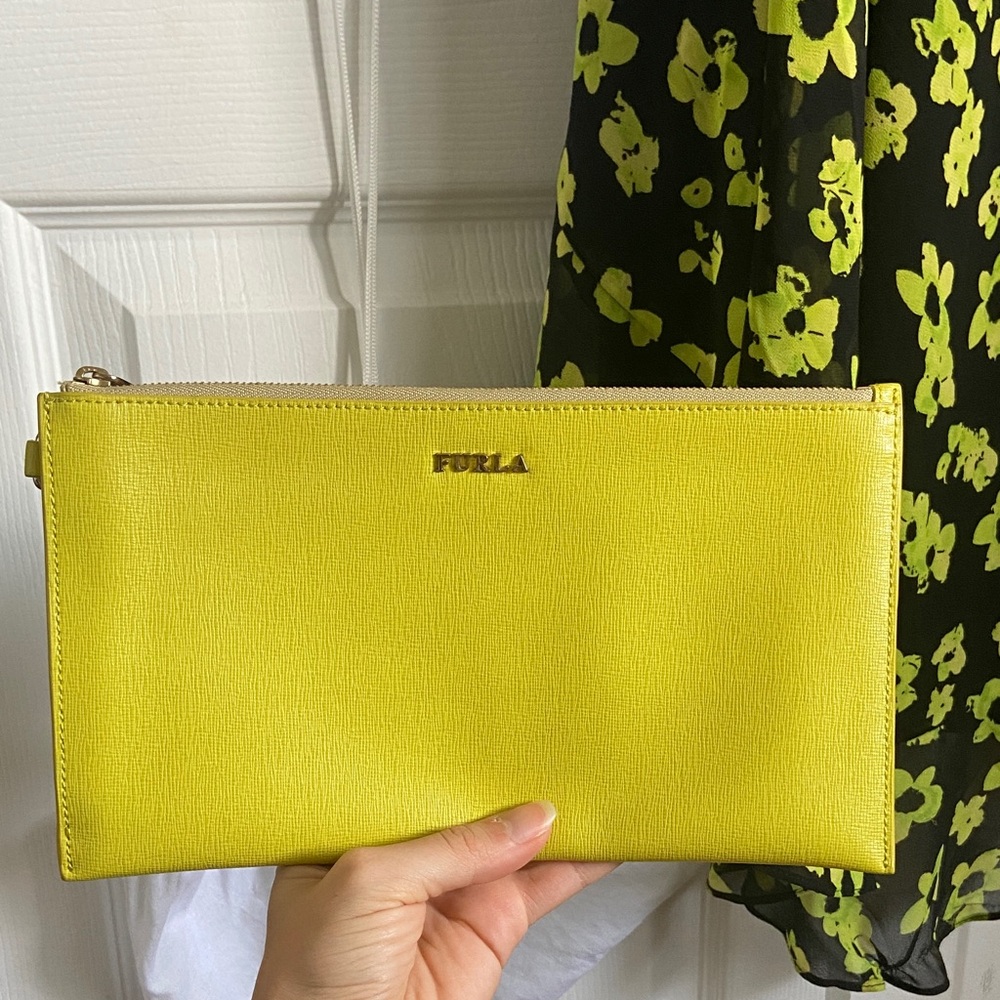 Furla Vibrant Leather Yellow Green Wristlet with Gold Metal Accents